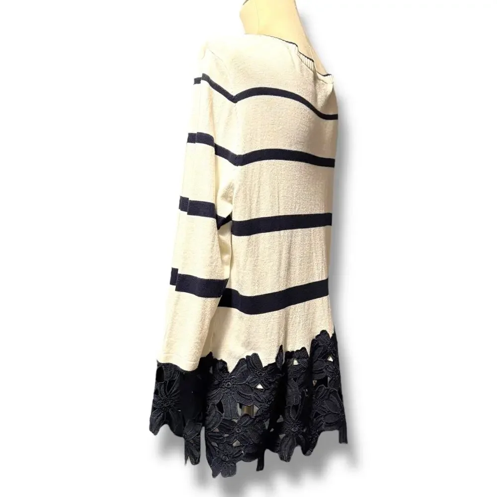 Lane Bryant Floral Applique Lace Hem 3/4 Sleeve Navy Stripe White Sweater 14/16